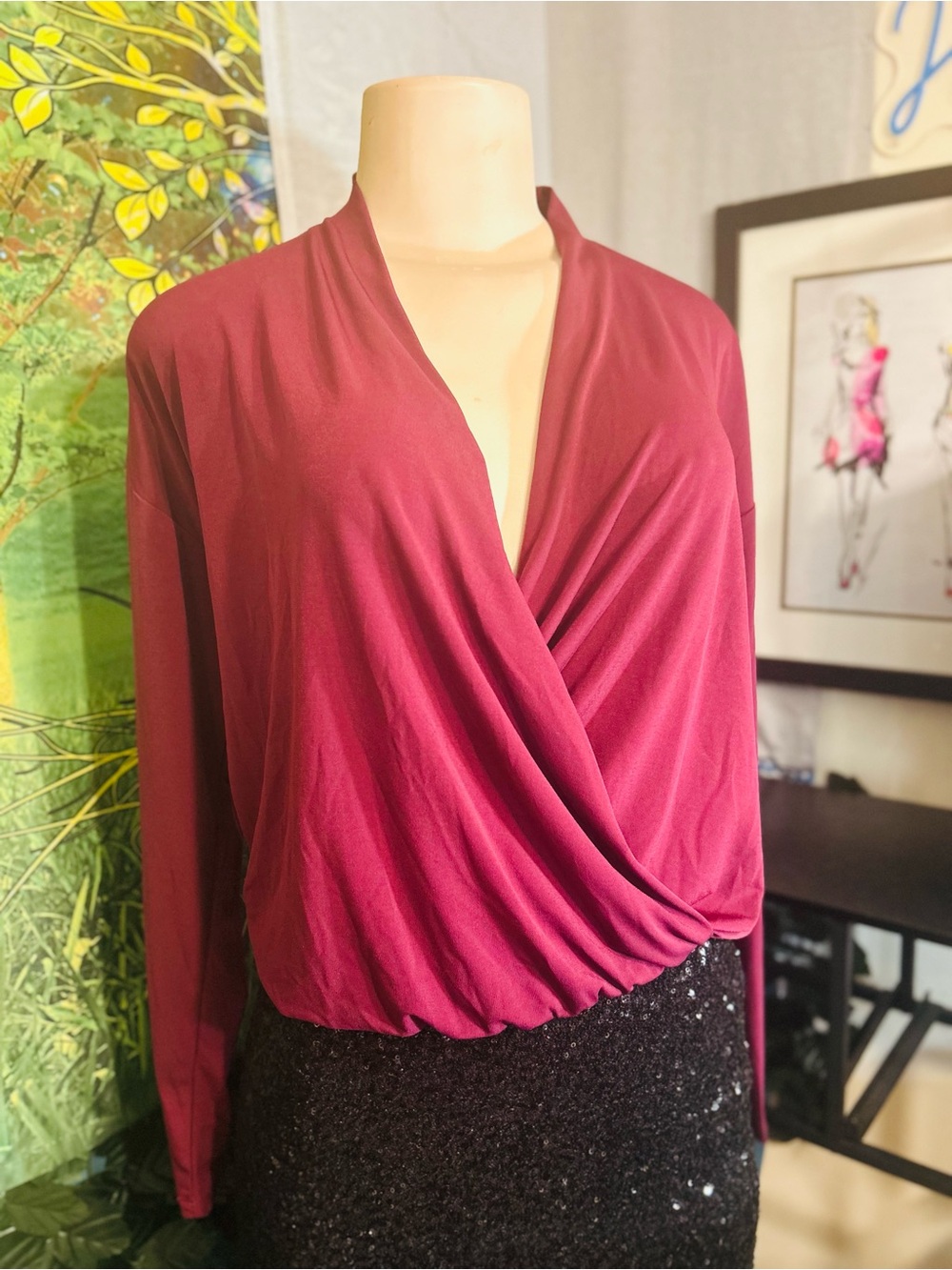 Ann Taylor Wrap-Style Draped Long Sleeve Top in Deep Raspberry | Size: S